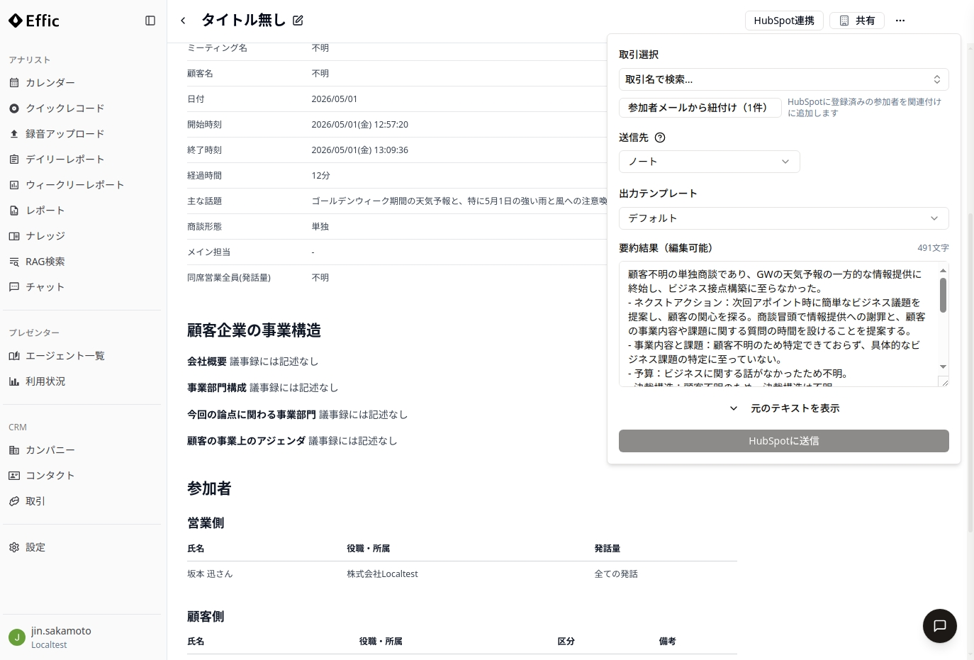 会議詳細ページの右側に「HubSpot 連携」セクションが開いた状態の全体画面